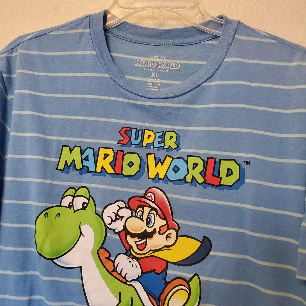 Nintendo Super Mario World Yoshi Striped Graphic T-Shirt Blue Boys XL